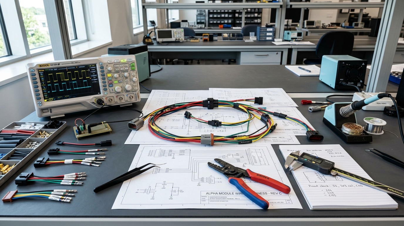 Engineering bench with prototype harness samples and schematics